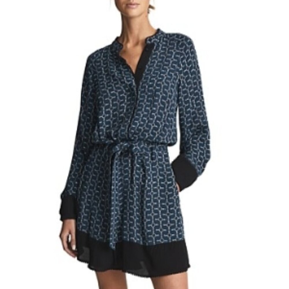 REISS Viviyan Printed Flippy Dress – Navy Chain Print – Size 6 (NWT)
